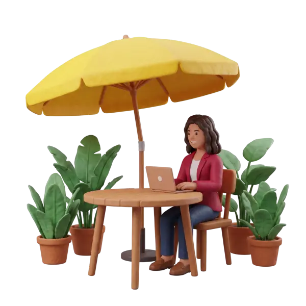 Full-body 3D scene of a female professional in a red blazer seated at a wooden terrace table under a large yellow umbrella, typing on a laptop and surrounded by multiple potted green plants on a black background.