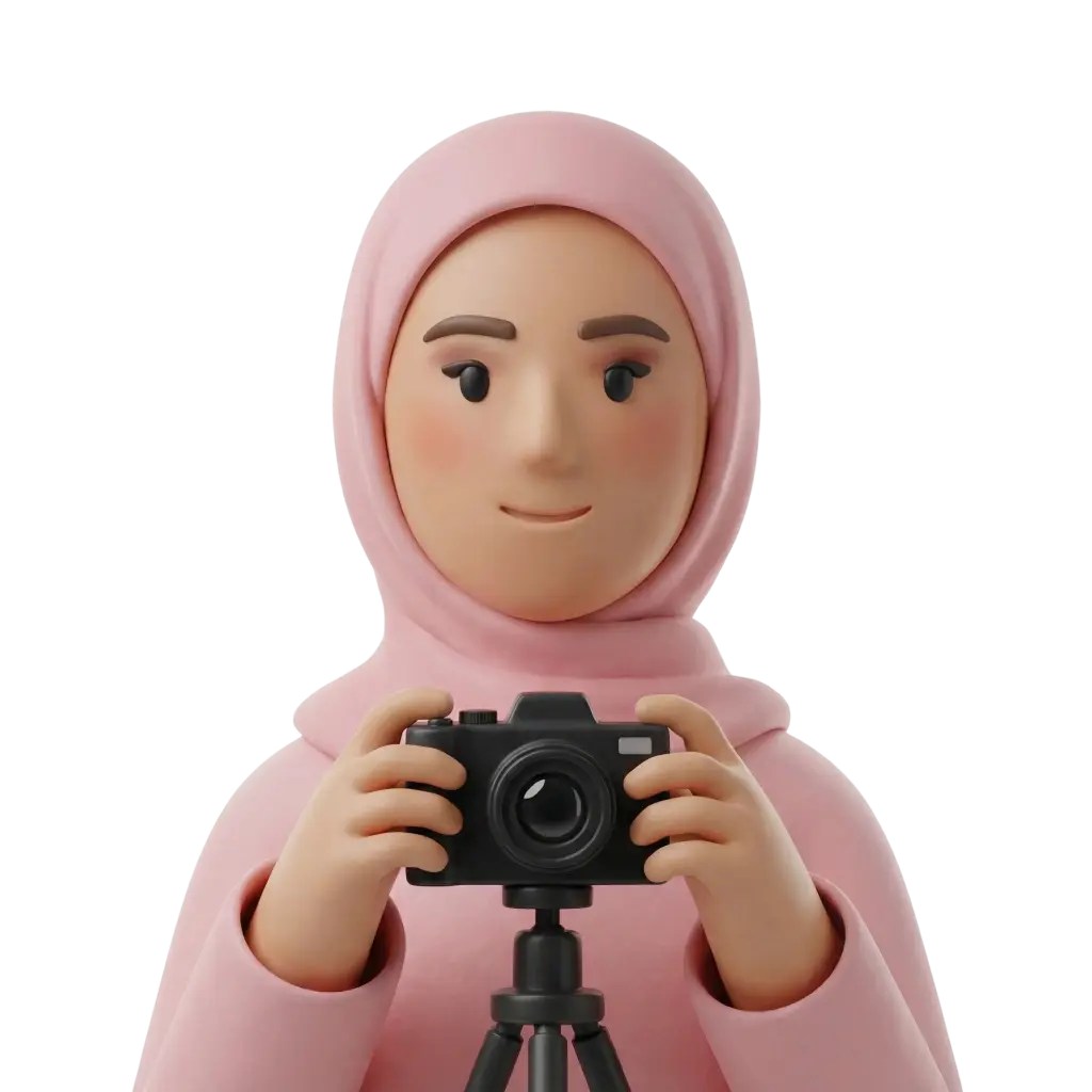 3D portrait bust of a female wearing a soft pink hijab and matching top, holding a black camera mounted on a small tripod at chest level with a gentle smile and rosy cheeks. The figure is isolated on a dark/transparent background, facing forward in a neutral pose.
