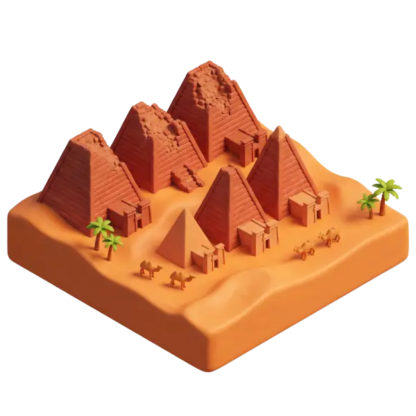 3D render of a clay-style diorama showing multiple steep, narrow Nubian pyramids clustered on an orange sandy base with small temple entrances, palm trees and camels; isometric perspective with soft studio lighting and isolated black background.