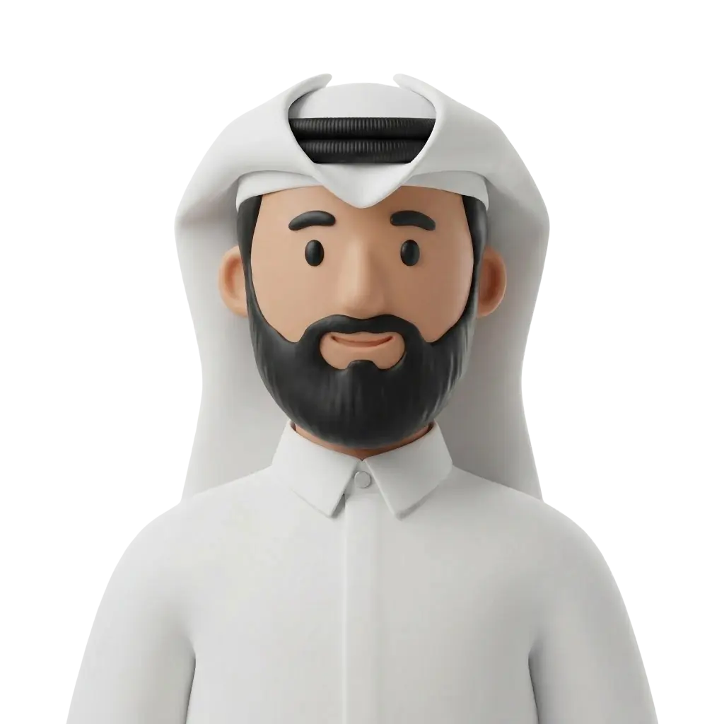 3D portrait bust of a Qatari man wearing a white thobe and white ghutra secured with a black agal, with a neatly trimmed dark beard and a gentle smile; front-facing isolated render on a dark/transparent background.