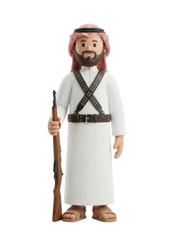 Full-body 3D character of a male Qatari guard wearing a white thobe and red-check ghutra secured with a black agal, crossed studded leather bandoliers and a waist belt. He has a brown beard, holds a wooden rifle, wears sandals, and stands against a plain dark background with a neutral friendly expression.