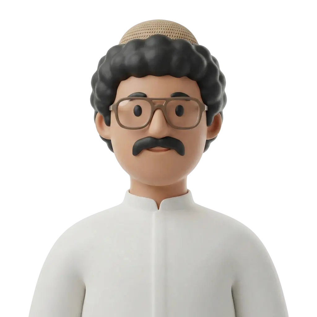 3D portrait bust of a Gulf man wearing a white thobe and a beige knitted skullcap, with curly black hair, a thick black mustache and large brown eyeglasses. Neutral expression, forward-facing pose, isolated on a black background.