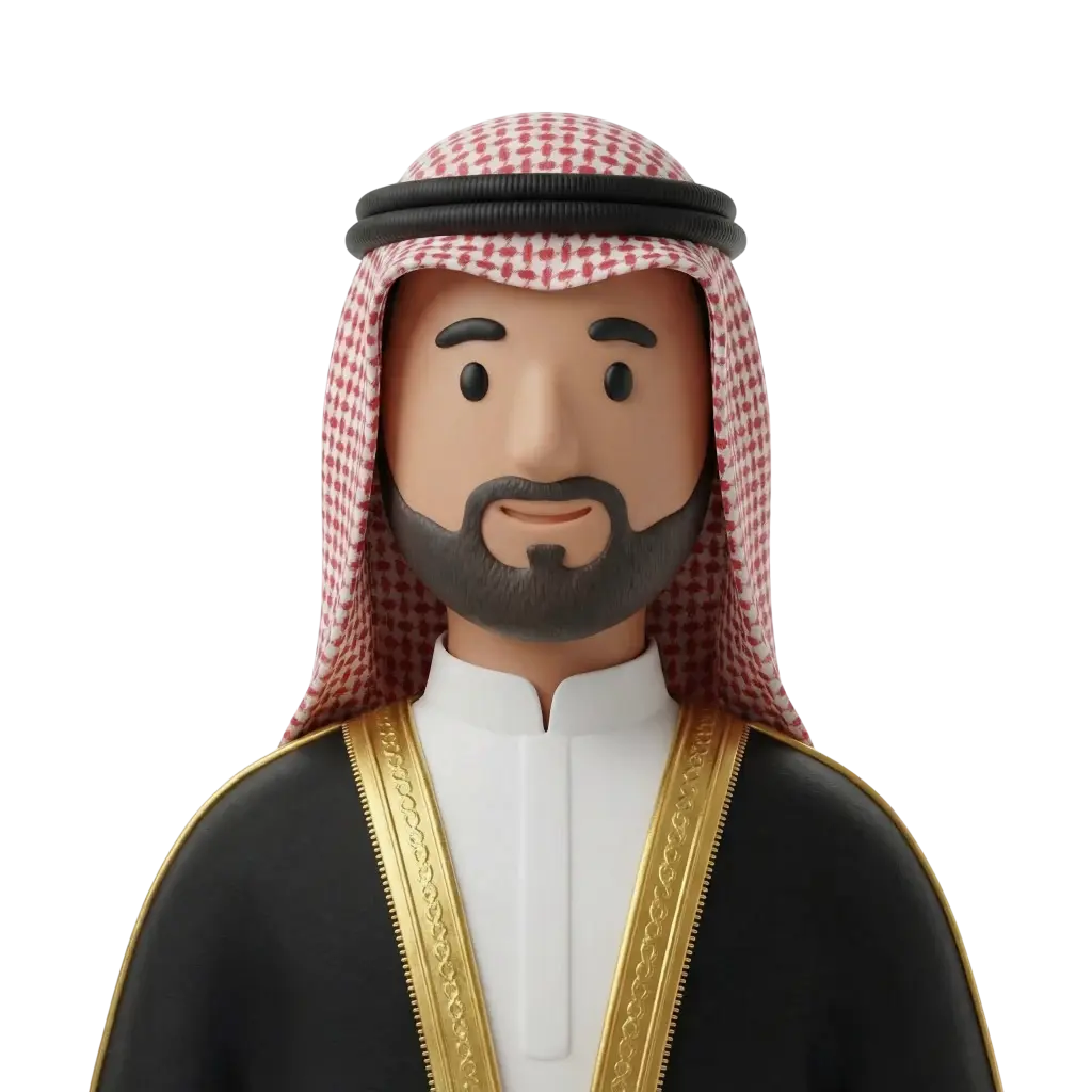 3D portrait bust of a male Gulf wedding guest wearing a red-and-white ghutra (shemagh) with a black agal, a white thobe and a black bisht with gold trim. Neatly trimmed beard, warm smile and a neutral frontal pose on a solid black background.