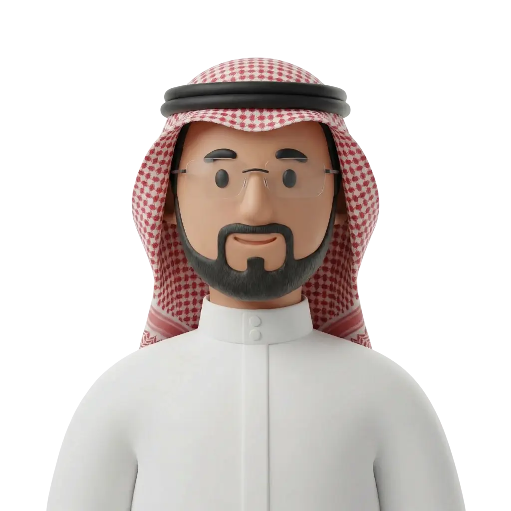 3D portrait bust of a Saudi man wearing a white thobe, red-and-white shemagh (ghutra) held by a black agal, trimmed dark beard and clear rectangular glasses, facing forward with a slight smile against a black transparent background.
