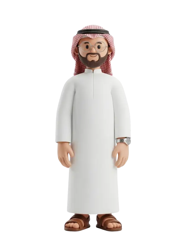 Full-body 3D character of a Saudi man wearing a white thobe and red-and-white checkered ghutra with black agal, round glasses, trimmed beard, wristwatch and brown sandals, smiling in a relaxed standing pose. Isolated on a solid black background.