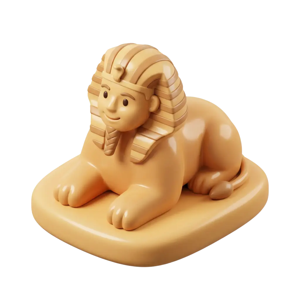 3D render of a stylized Sphinx figure with a smooth glossy beige plastic finish, simplified friendly facial features and a striped headdress, seated on a rounded rectangular base. Isolated on a black background.