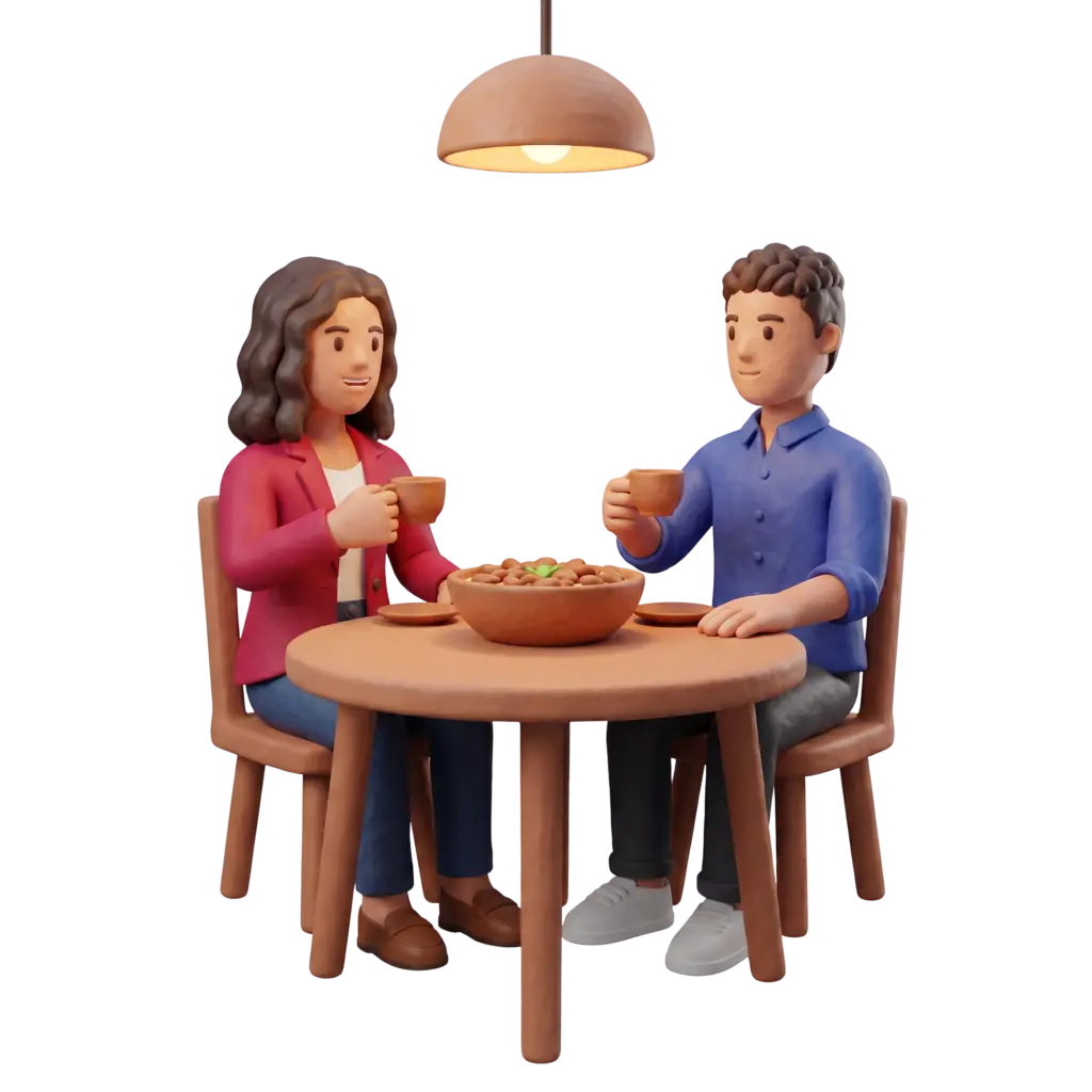 Full-body 3D scene of two adults — a woman in a red jacket and a man in a blue shirt — sitting at a round wooden table under a hanging lamp, each holding a cup while sharing a bowl of dates. Black background, warm lighting, friendly conversational pose in a stylized 3D render.