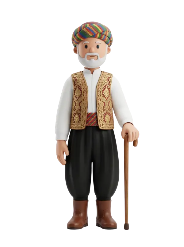 Full-body 3D character of an elderly Syrian man wearing a multicolored striped turban, a white shirt, a maroon gold-embroidered vest, a woven sash, black loose trousers and brown boots, holding a wooden cane; short white beard and a gentle neutral expression, standing against a black background.