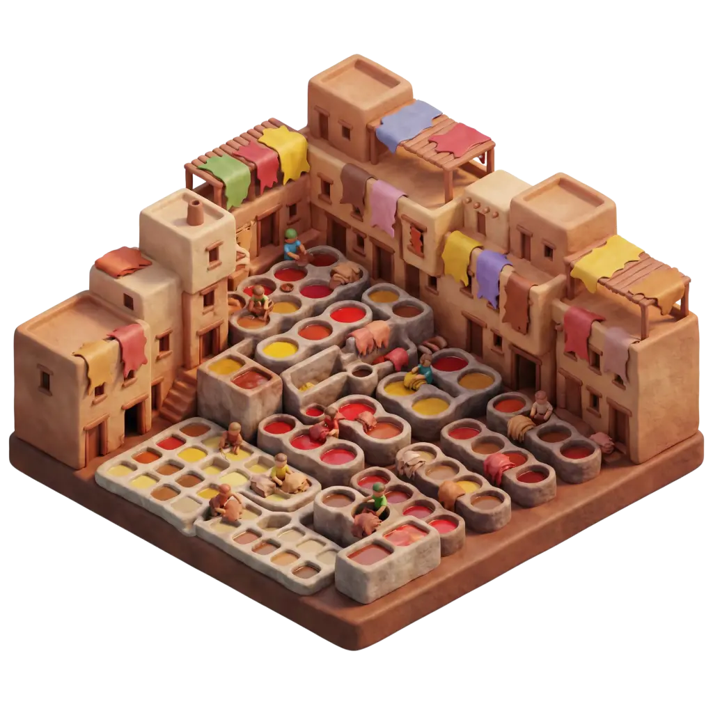 3D render of a miniature tannery scene showing multiple stone dye vats filled with vivid red, yellow and orange dyes, ochre stepped buildings with leather hides draped on rooftops, tiny worker figures moving between pits, isometric perspective with warm studio lighting and an isolated transparent background.