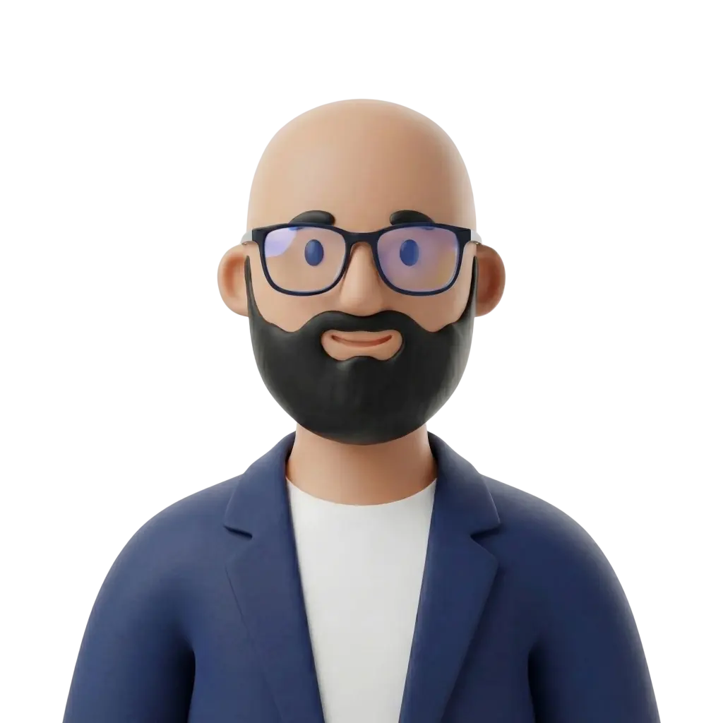 3D portrait bust of a bald male with a full dark beard and black-framed glasses, wearing a navy blazer over a white t-shirt and showing a neutral friendly smile. Frontal pose with shoulders visible on an isolated black background.