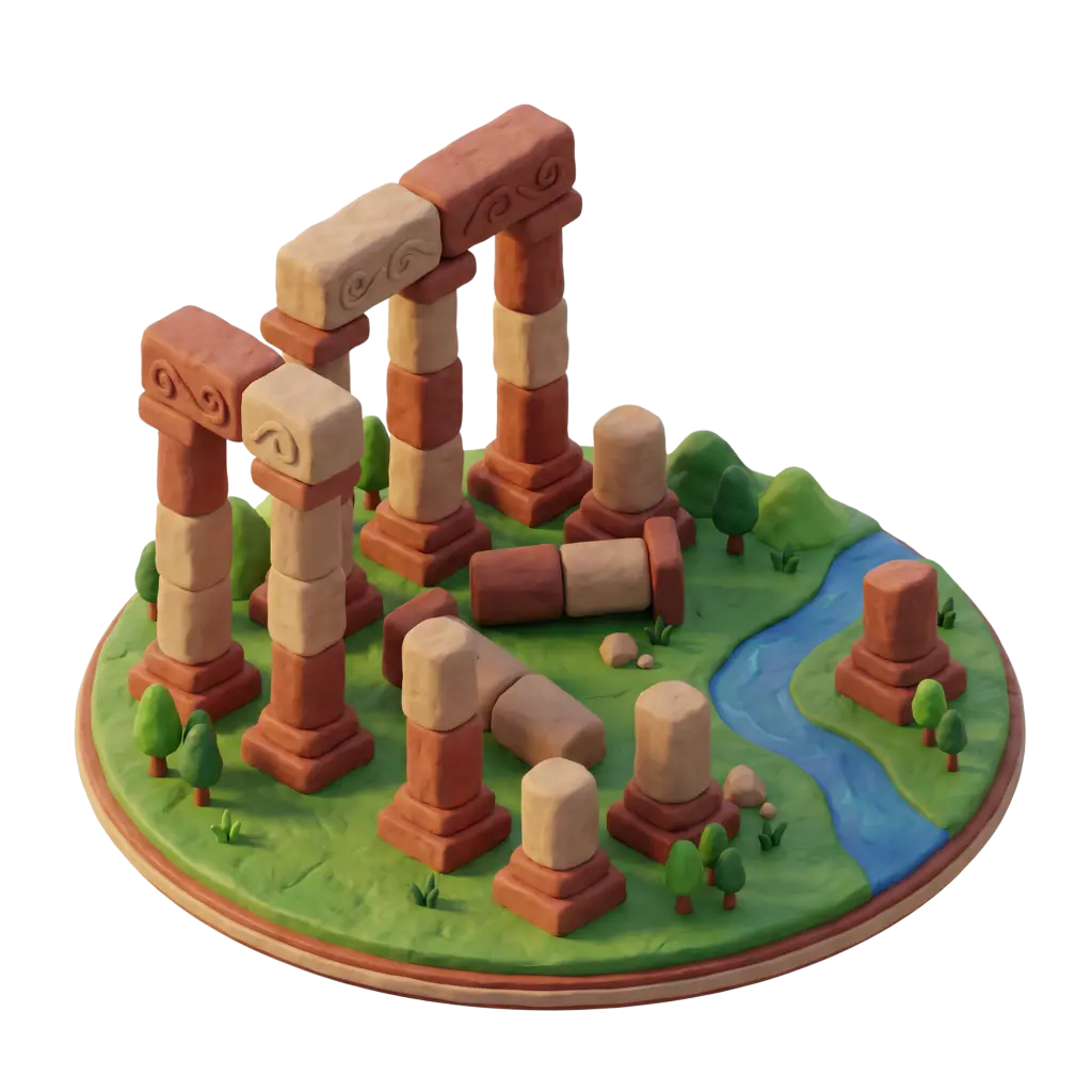 3D render of a stylized clay-style diorama of the Temple of Baalbek showing tall, broken Roman columns in terracotta and sandstone tones on a circular grassy base with small trees and a winding blue stream. Isolated render with soft directional lighting and a slight top-down perspective.