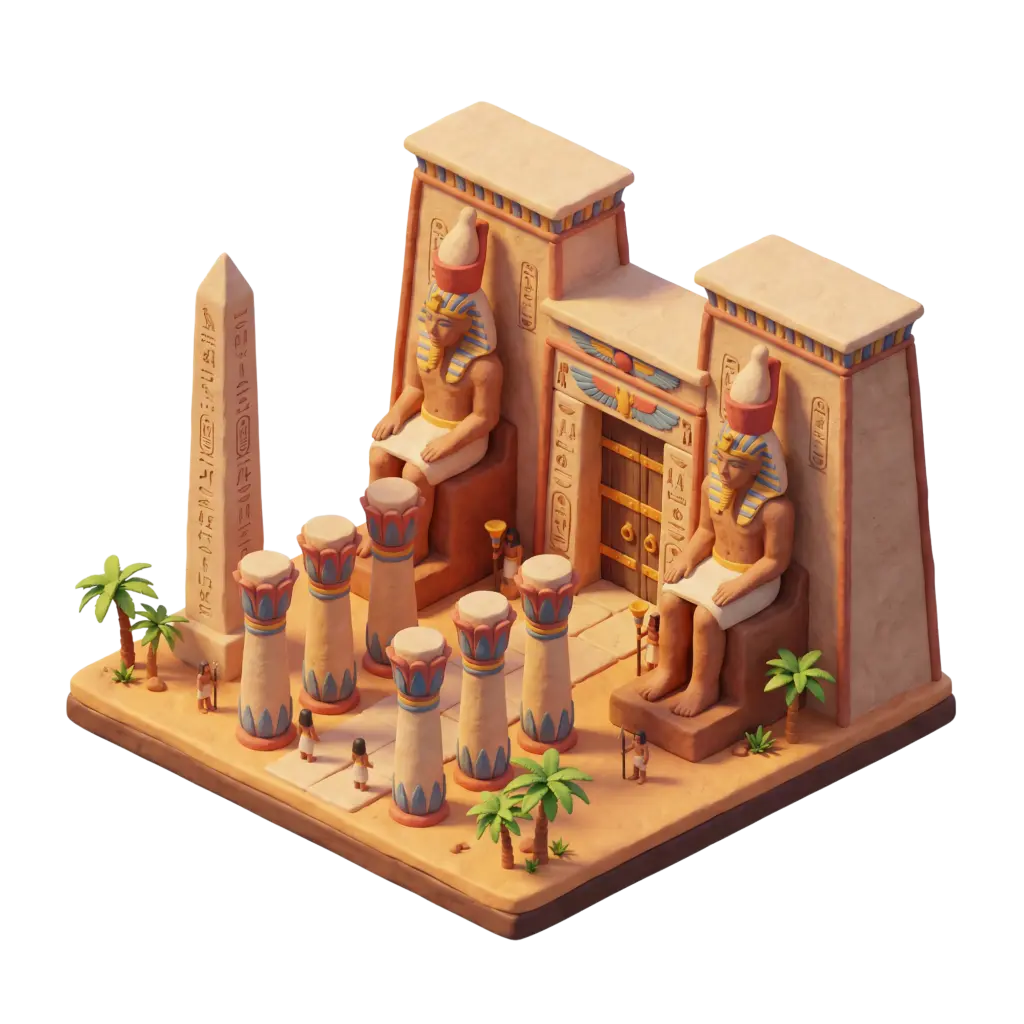 3D render of a stylized clay-style Luxor Temple entrance with rows of lotus-topped columns, two seated pharaoh colossi, a nearby obelisk, small palm trees and tiny human figures; warm directional lighting and isometric perspective on an isolated base. The palette is sandstone beige with blue and red details and soft shadows highlighting carved hieroglyphs and architectural reliefs.