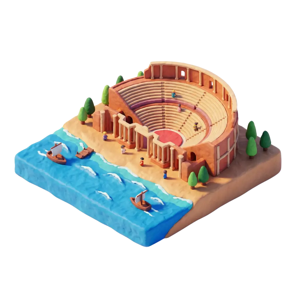 3D clay-style depiction of the Roman coastal amphitheatre of Sabratha with terraced semicircular seating, colonnaded front, stylized trees and small boats along a blue sea. Isometric perspective with soft warm lighting and an isolated black background.