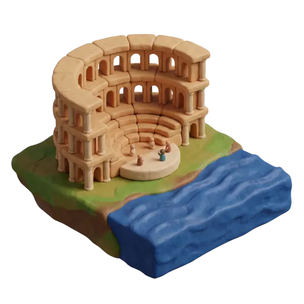 3D clay-style depiction of a semicircular ancient Roman theatre with three tiers of arches and stepped seating, rendered in warm beige tones on a grassy base beside a blue river or sea. Isolated on a black background with soft top-left lighting and tiny stylized figures on the stage.
