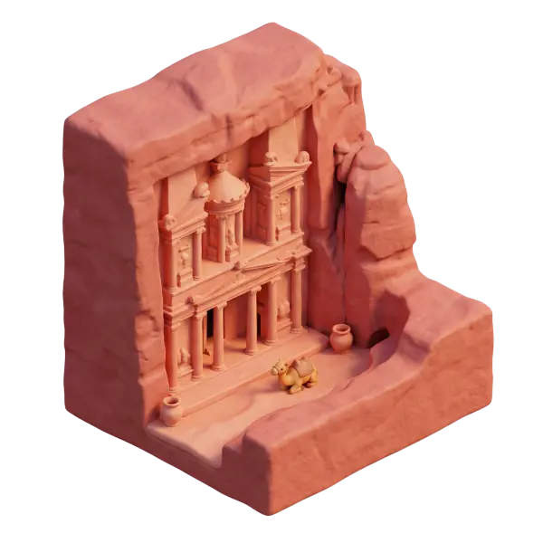 3D clay-style depiction of Al-Khazneh carved into rose-red sandstone, showing the ornate façade with columns, pediments, and niches set into a cliff face. Warm directional lighting emphasizes the carved details and a small stylized camel and pottery on the forecourt, isolated on a dark/transparent background.