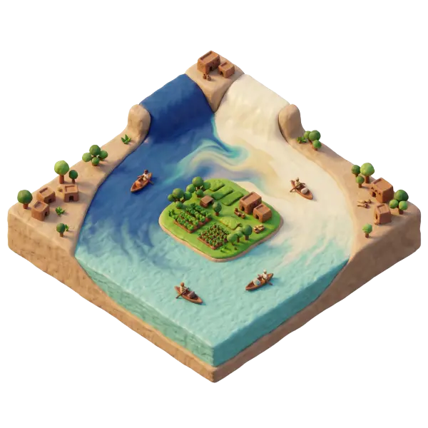 3D clay-style depiction of the confluence of two rivers showing a small green island with farmland, mudbrick houses and rowboats; sandy riverbanks and cliffs frame where blue and pale waters swirl together, rendered in an isometric perspective with soft studio lighting. The asset is an isolated render on a dark/transparent background highlighting textures of water, earth, trees and tiny boats.