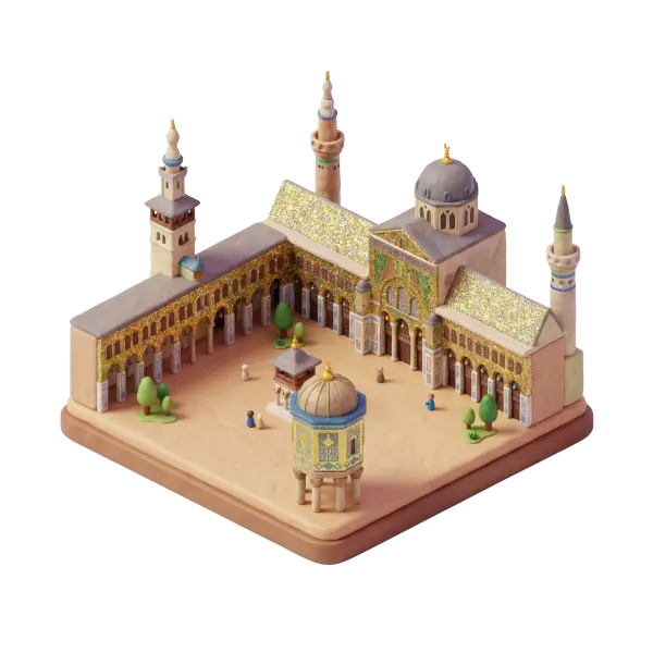 3D render of a stylized miniature Umayyad Mosque complex with golden mosaic facades and tiled roofs, domes and multiple minarets, a central sandy courtyard with a small domed pavilion and sculpted trees. Isometric diorama on a dark background with soft studio lighting and isolated base.