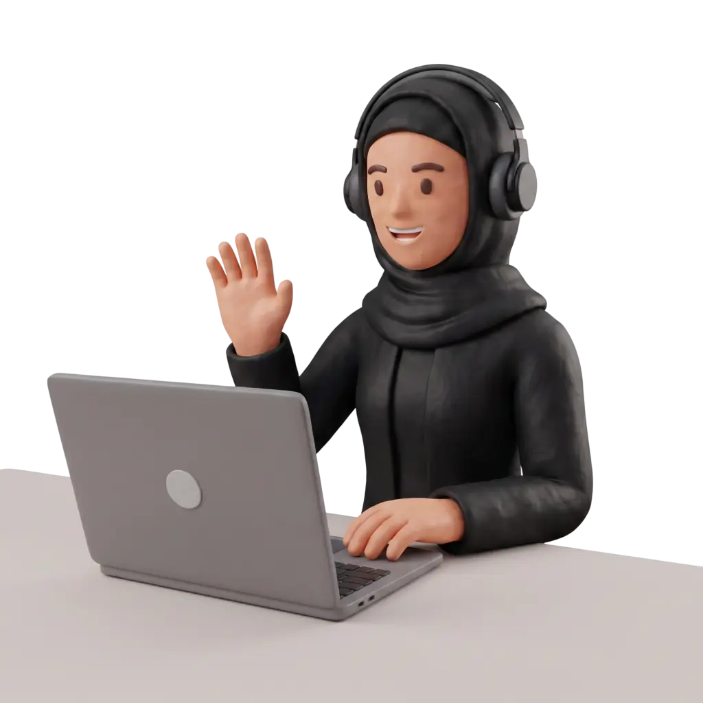 3D render of a single female character wearing a black hijab and over-ear headphones, smiling and waving with one hand while seated behind a laptop on a light desk; the other hand rests on the keyboard. Isolated, stylized clay-like finish with a plain black background.