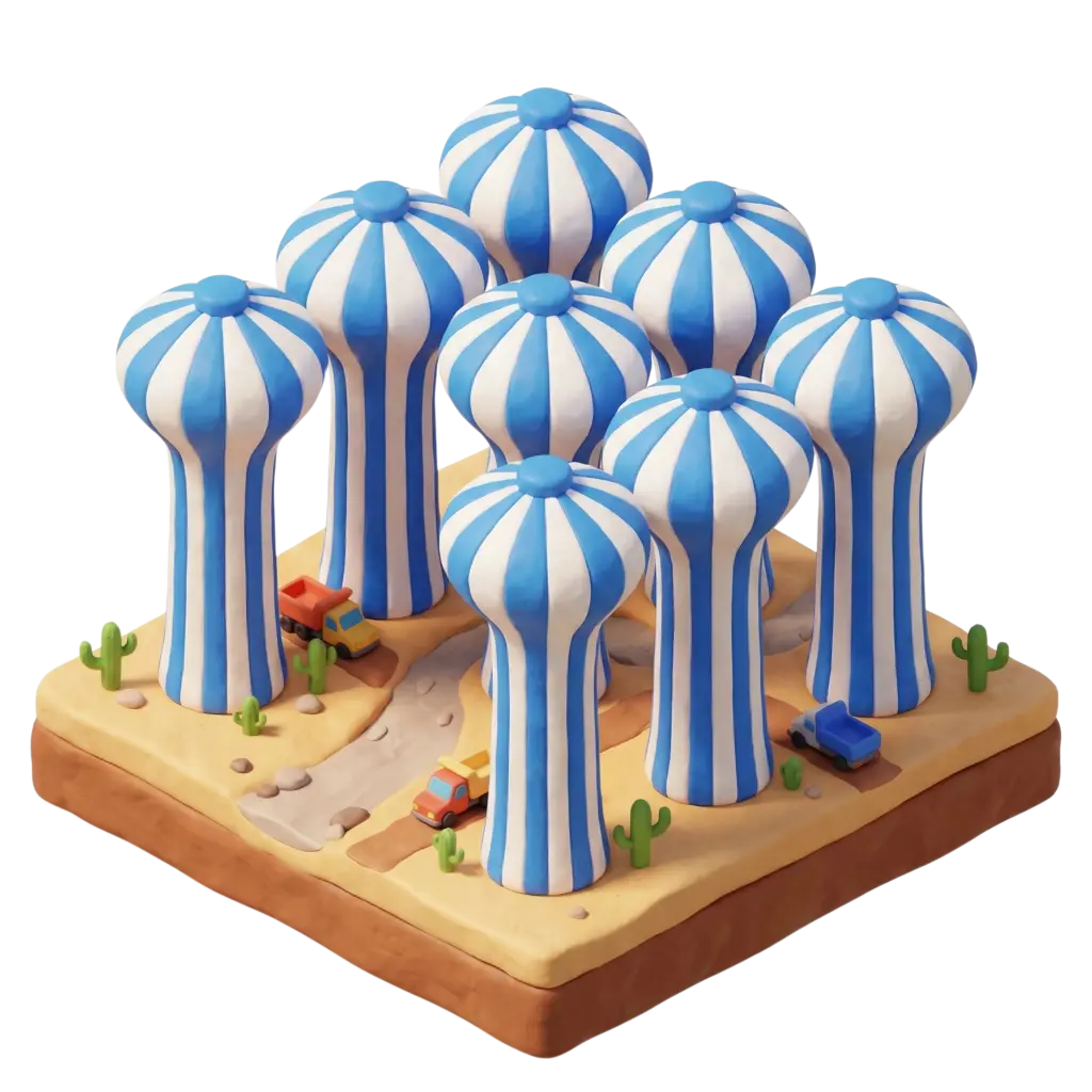 3D render of a group of stylized water towers with bulbous tops and vertical blue-and-white stripes on a square desert diorama; small cacti, toy trucks, sandy paths and soft studio lighting, isolated on a dark/transparent background. The composition is clay-style, playful and low-poly, shown from an angled isometric perspective with even, warm lighting.