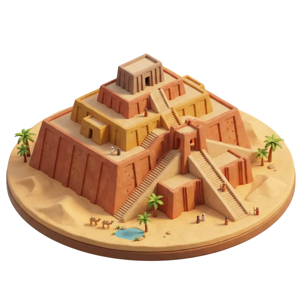 3D clay-style depiction of the Ziggurat of Ur on a circular desert base, showing stepped terraces, central staircases, small palm trees, camels and tiny human figures in warm sandy tones; three-quarter perspective with soft directional lighting and an isolated black background.