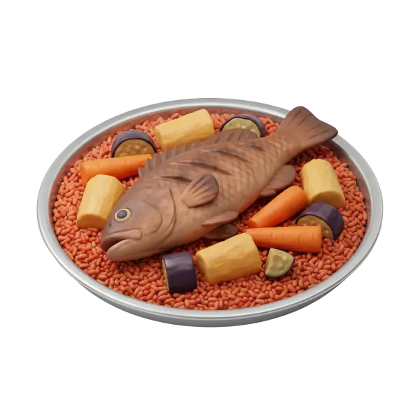 3D render of a whole cooked fish served on a bed of reddish rice with carrot pieces, purple eggplant slices and pale tuber chunks, plated in a shallow metal dish on a transparent background.