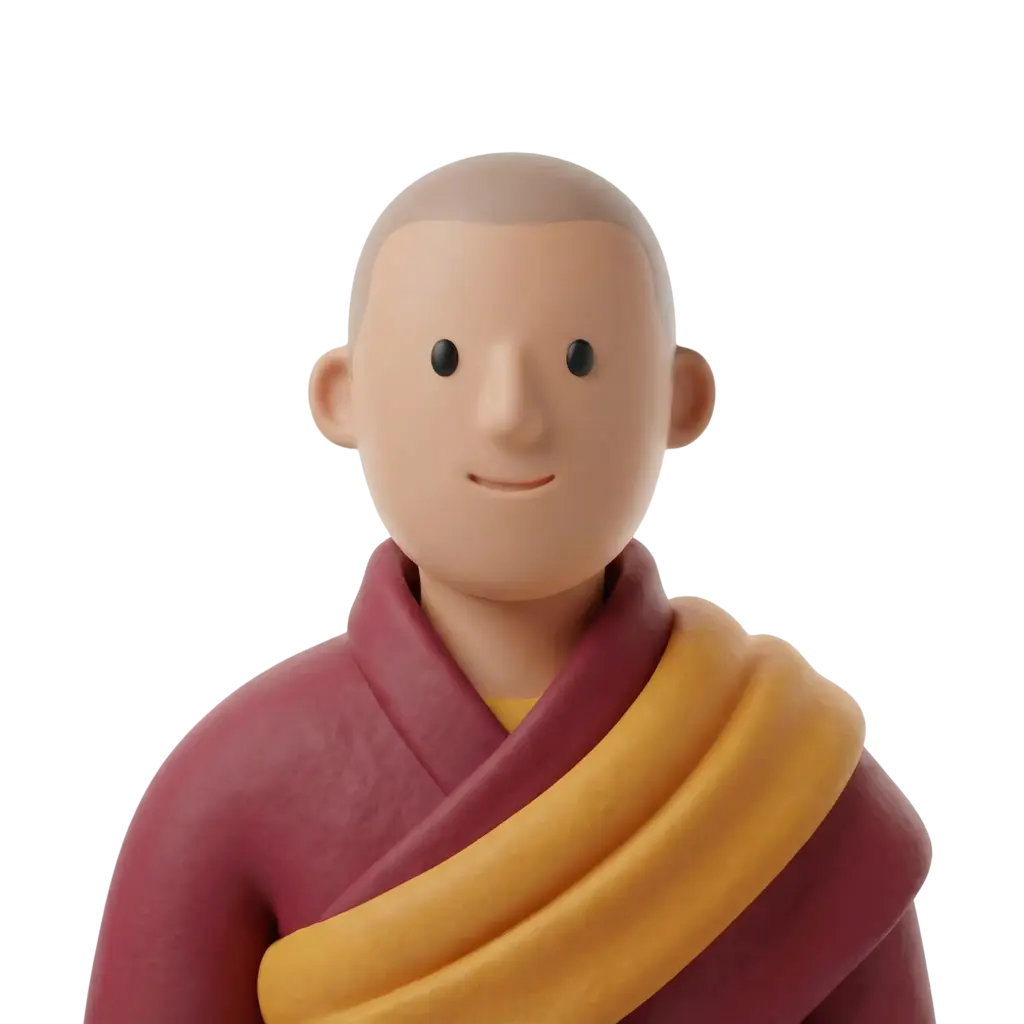 3D portrait bust of a male Tibetan monk with a shaved head, wearing a maroon robe and a yellow sash, small smile and neutral expression, facing forward. Black background, isolated frontal pose with smooth, clay-like material finish.