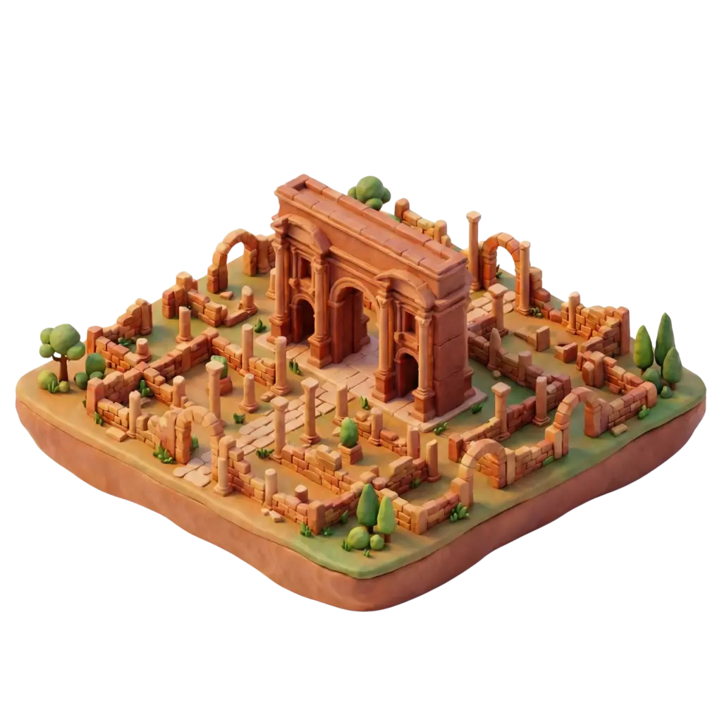 3D clay-style depiction of the Roman ruins at Timgad: a miniature diorama with a central triumphal arch, rows of broken columns, low stone walls, scattered trees and grassy patches, shown in an isometric perspective with warm, soft lighting on a transparent background.