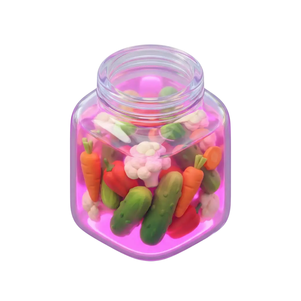 3D render of a glass jar filled with mixed pickles — visible cucumbers, carrots, cauliflower and red peppers suspended in a bright pink brine with glossy, slightly stylized textures. Isolated on a black background.