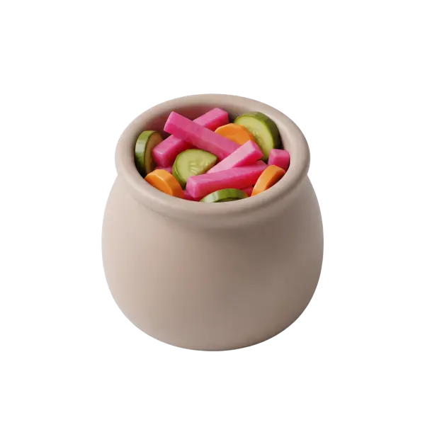 Close-up of a ceramic jar filled with mixed pickles, showing bright pink pickled turnip sticks, sliced green cucumbers, and orange carrot rounds inside a matte beige pot on a black background.