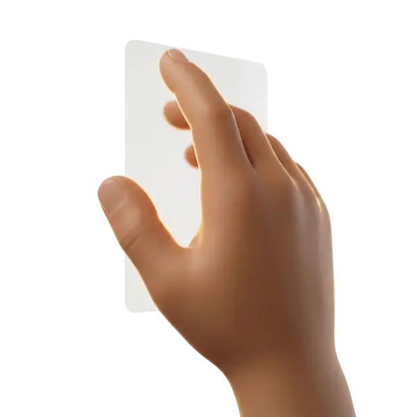 3D render of a stylized realistic hand with warm skin tone and matte finish, pinching or tapping a translucent rounded-rectangle card with soft rim lighting, isolated on a transparent background.