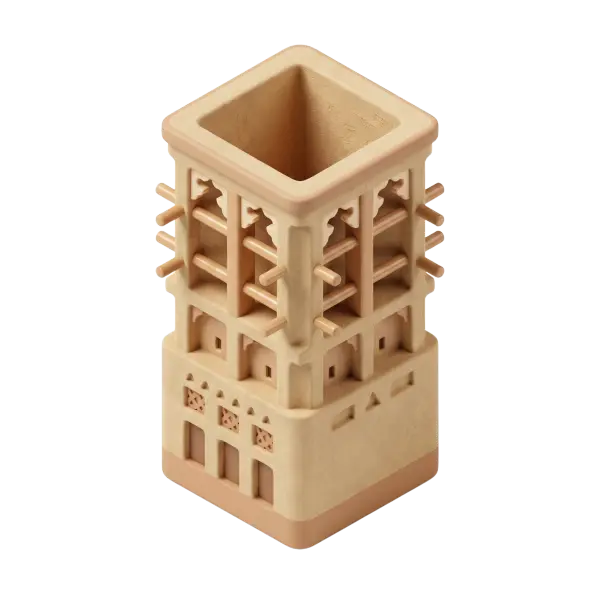 3D render of a stylized beige wind tower (badgir) with a sand-plaster matte finish, wooden projecting beams and carved lattice openings, isolated on a transparent background.