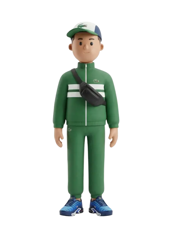 Full-body 3D character of a young male wearing a green tracksuit with white horizontal stripes, blue sneakers, a white-and-green baseball cap with logo, and a black crossbody sling bag; neutral friendly expression, standing pose on a plain dark background.