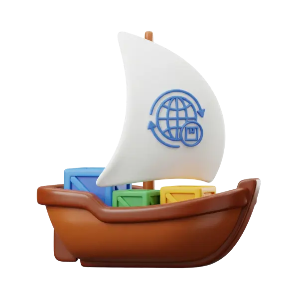3D render of a stylized brown wooden trade ship with a white textured sail embossed with a blue globe-and-arrows icon, carrying colorful blue, green and yellow cargo crates, glossy soft-plastic finish on a transparent background.