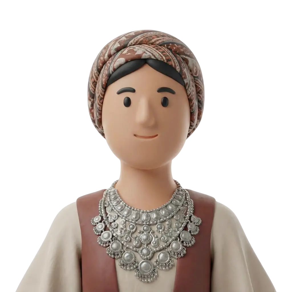 3D portrait bust of a Libyan woman wearing a brown patterned headwrap, beige tunic with a brown vest, and an ornate multilayered silver necklace; neutral smile, forward-facing pose against a black background.