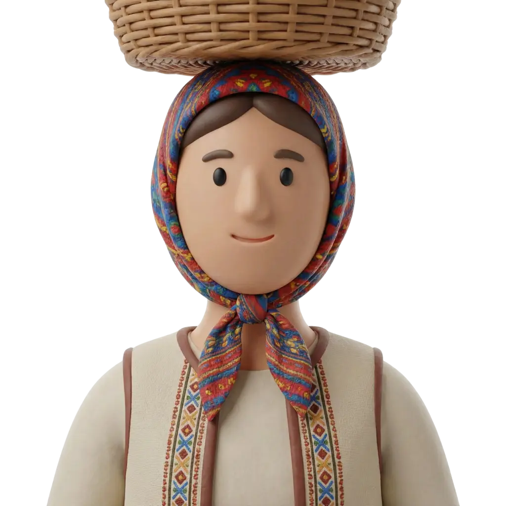 3D portrait bust of a female villager wearing a colorful patterned headscarf tied under her chin, a cream embroidered vest, and a woven basket balanced on her head; simple smiling expression, neutral eyes, and isolated black background.