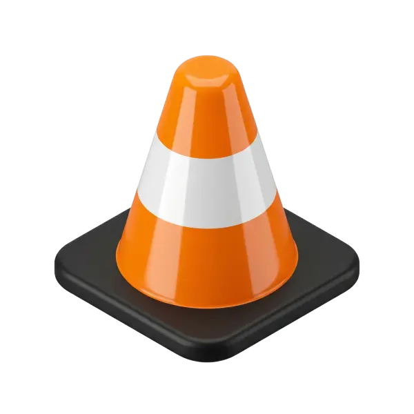 3D render of a glossy orange traffic cone with a single wide white reflective stripe and a matte black square base, shown in an isometric isolated view on a black background.