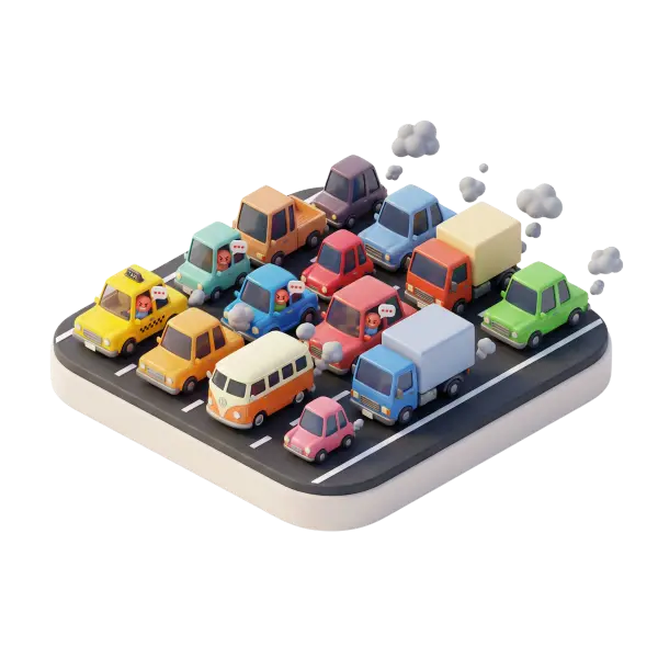 3D render of a stylized miniature traffic jam diorama with colorful toy-like cars, vans and trucks, matte plastic finish and cartoon exhaust puffs. Isolated render on a rounded base with a transparent background.