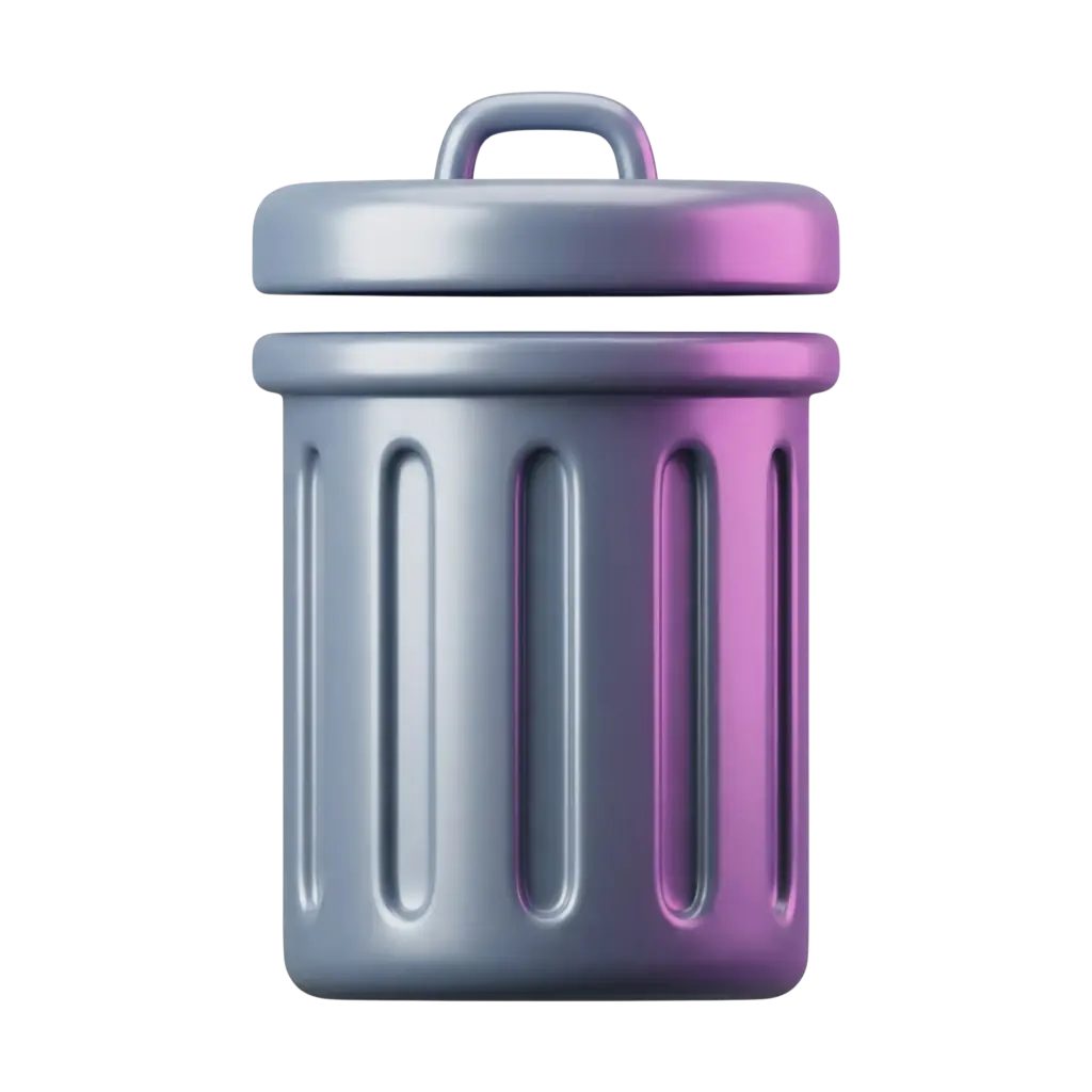 3D render of a cylindrical trash bin with a removable lid, smooth rounded vertical recessed panels and a glossy metallic gradient finish in blue and purple, shown on a black background.