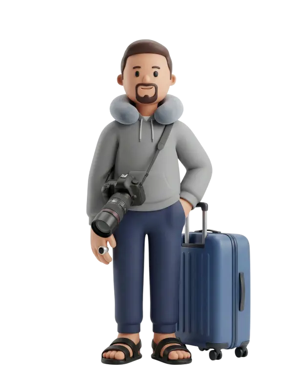 Full-body 3D character of a male traveler wearing a grey hoodie, navy pants and black sandals, with a grey neck travel pillow, a DSLR camera on a shoulder strap and a blue wheeled suitcase; he is smiling with one hand in his pocket and standing against a black background.