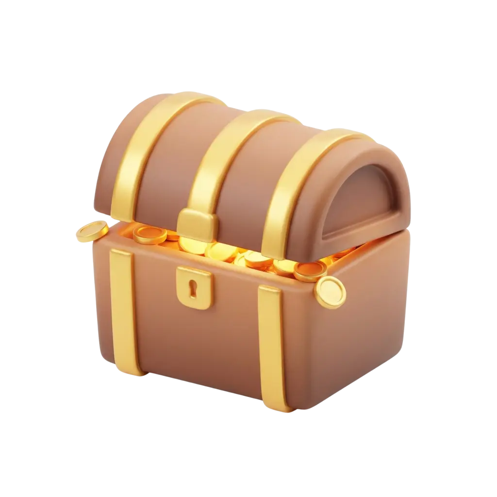 3D render of a rounded treasure chest with a matte brown body, shiny gold metallic straps and lock, overflowing with gold coins; isolated on a black background.