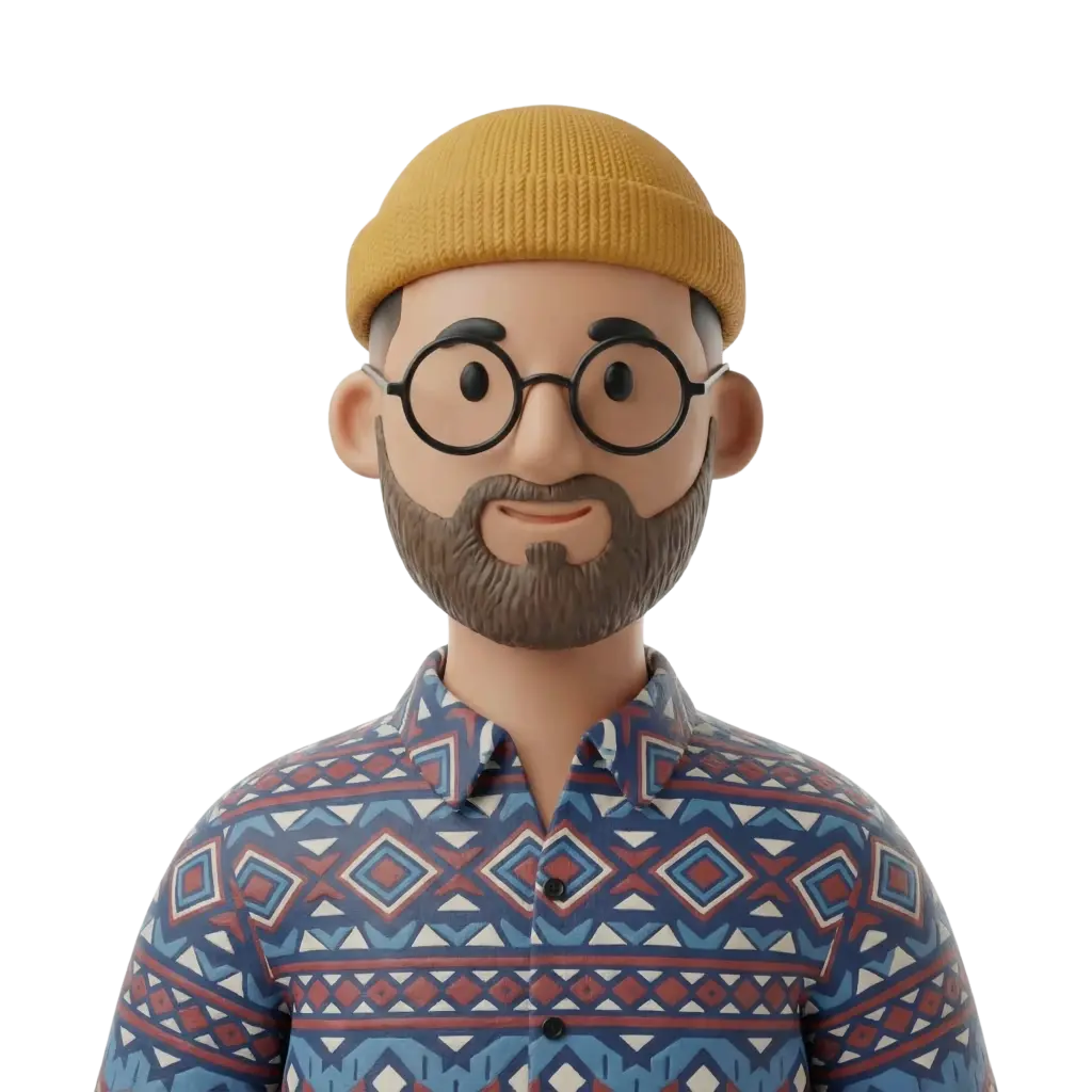 3D portrait bust of a young male wearing a mustard-yellow knit beanie, round black glasses, and a blue-red geometric patterned shirt; he has a trimmed full brown beard and a warm smile. Isolated front-facing render on a black background with a neutral pose.