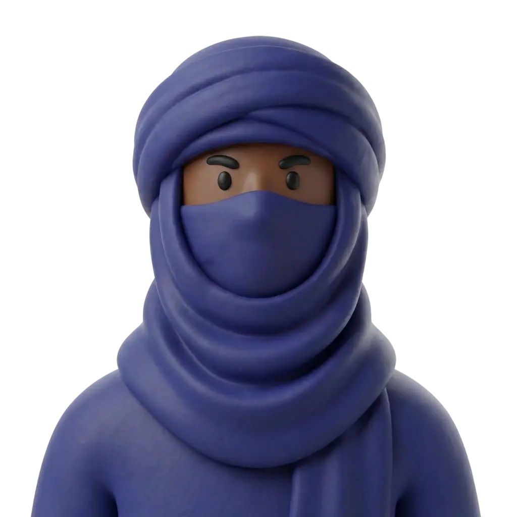 3D portrait bust of a male Tuareg nomad wearing an indigo wrapped turban and face veil (tagelmust), with dark skin, bold eyebrows and a neutral expression; the sculpted bust is isolated on a black background.