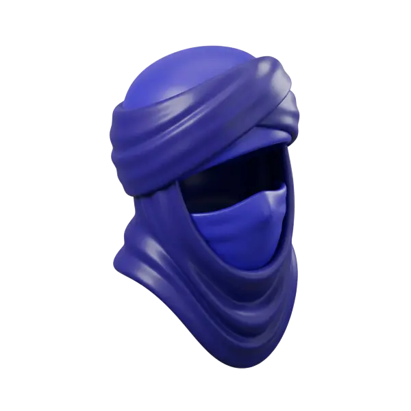 3D render of a stylized Tuareg turban and face scarf in deep cobalt blue with a smooth glossy finish, showing layered folds wrapped around an abstract head form. The render is presented on a black background.