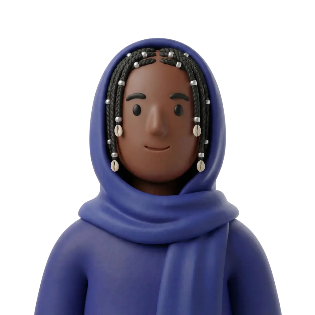 3D portrait bust of a Tuareg woman wearing an indigo blue headscarf and robe, with tightly braided hair decorated with silver beads and cowrie shells, neutral expression and slight smile, facing forward against a black isolated background.