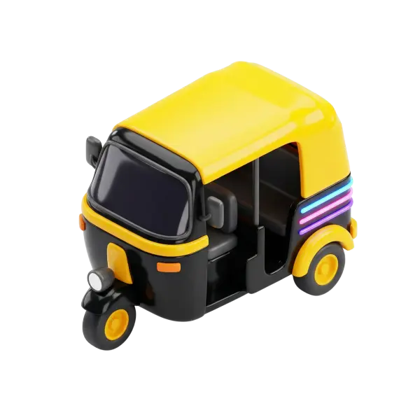 3D render of a glossy black-and-yellow tuk-tuk (three-wheeled auto-rickshaw) with rounded windshield, open passenger cabin, neon blue and magenta accent lights on the rear, and yellow wheel rims, shown on a black background.