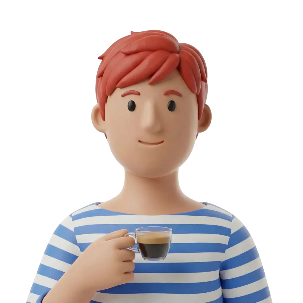 3D portrait bust of a young man with red hair wearing a blue-and-white striped shirt, holding a small espresso cup with a gentle smile and neutral expression. The character is shown against a dark isolated background.