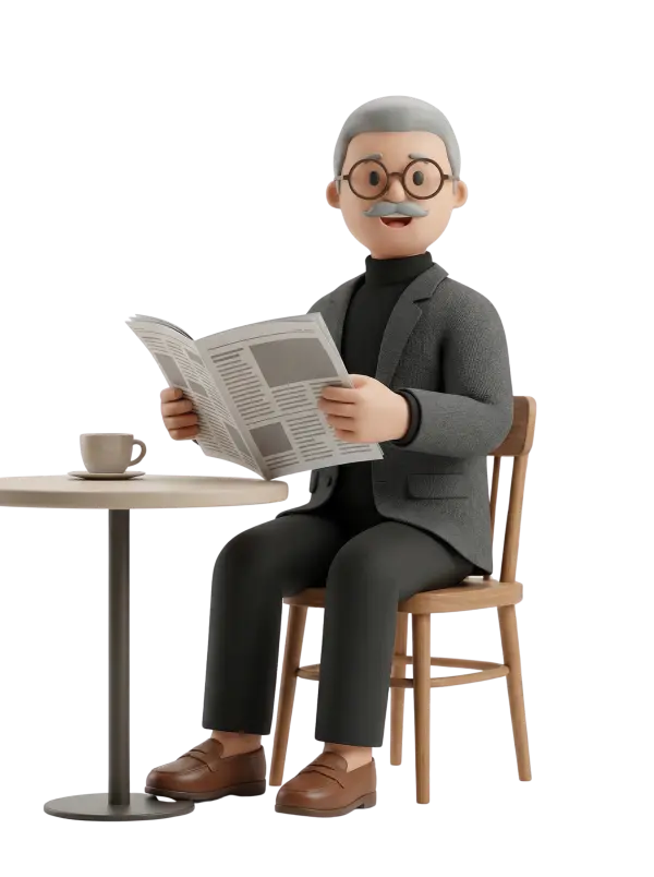 Full-body 3D character of an older man sitting at a café table reading a newspaper; grey hair and moustache, round glasses, wearing a grey blazer, black turtleneck, dark trousers and brown loafers, with a coffee cup on the table and a neutral isolated background.