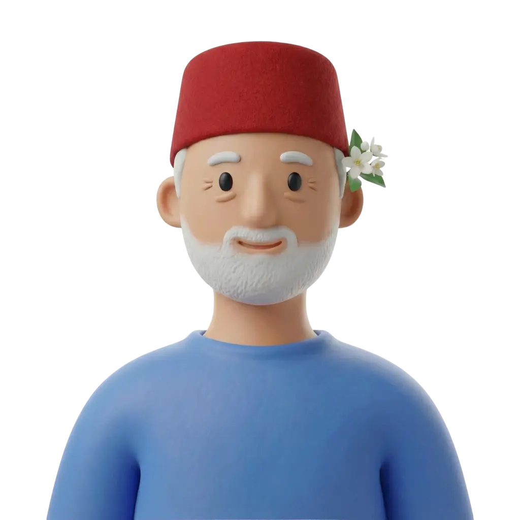 3D portrait bust of an elderly Tunisian man wearing a red tarboosh (fez), white beard and eyebrows, a small jasmine flower tucked behind his ear, and a light blue shirt; calm gentle smile and isolated black background. The bust shows head and shoulders with a warm, friendly expression and simple, stylized details.