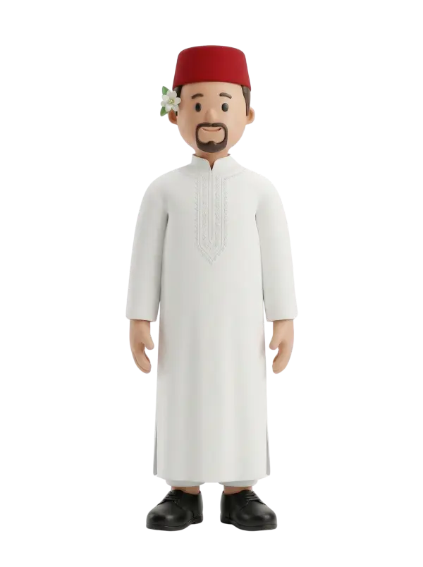Full-body 3D character of a Tunisian man wearing a red chechia and a white jellaba with embroidered chest detail, a jasmine flower tucked behind his ear, short beard and mustache, neutral smile and arms at his sides against an isolated background.