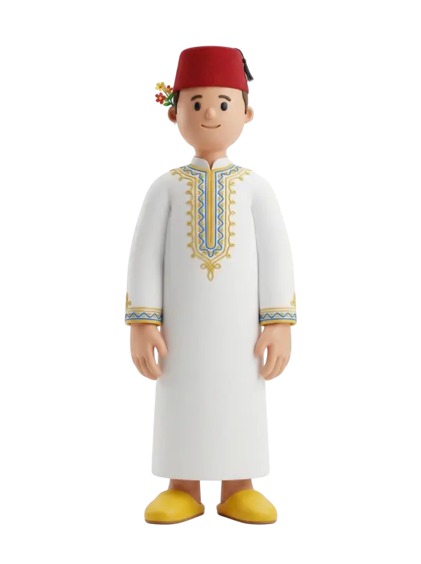Full-body 3D character of a Tunisian man wearing a red chachia (fez) and a white embroidered traditional robe with blue and gold trim, a small flower tucked behind his ear, smiling with hands relaxed at his sides. He wears yellow slippers and is shown on a plain dark background.